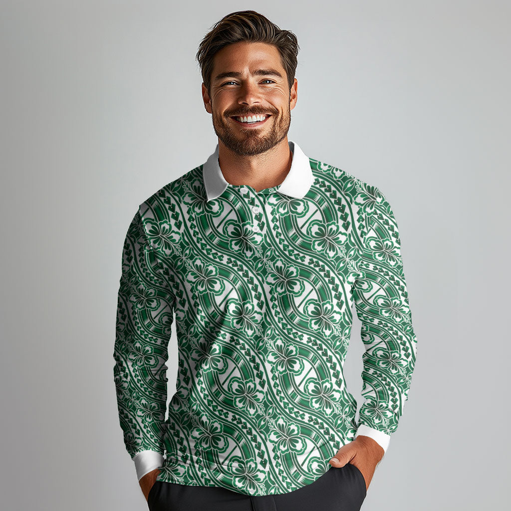 Hibiscus Bloom Island Tribal Waves Long Sleeve Polo Shirt Green Polynesian Pattern LT01 - Polynesian Pride