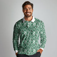 Hibiscus Bloom Island Tribal Waves Long Sleeve Polo Shirt Green Polynesian Pattern LT01 - Polynesian Pride