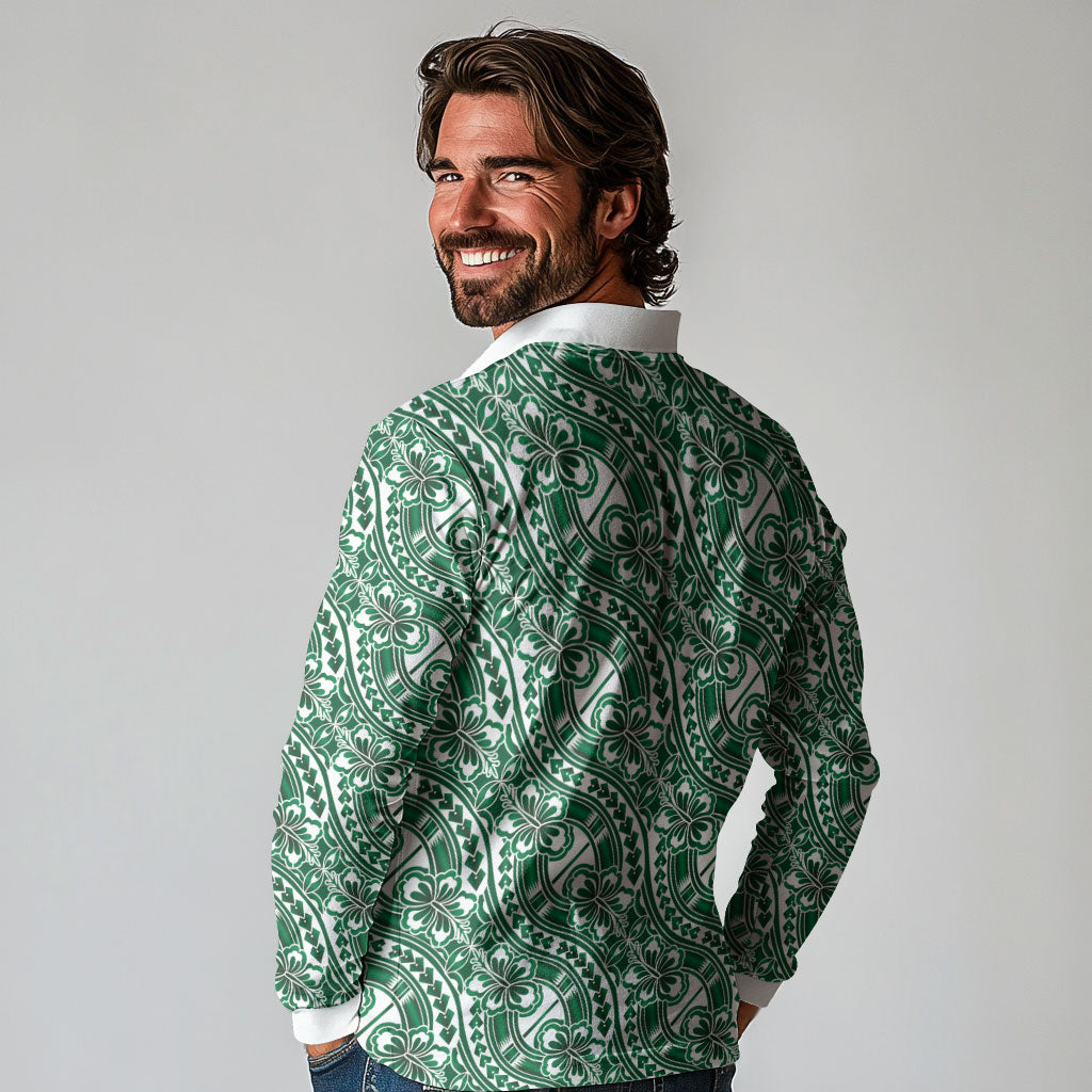Hibiscus Bloom Island Tribal Waves Long Sleeve Polo Shirt Green Polynesian Pattern LT01 - Polynesian Pride