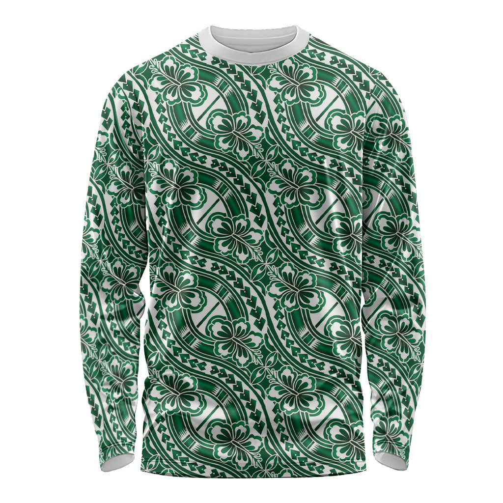 Hibiscus Bloom Island Tribal Waves Long Sleeve Shirt Green Polynesian Pattern