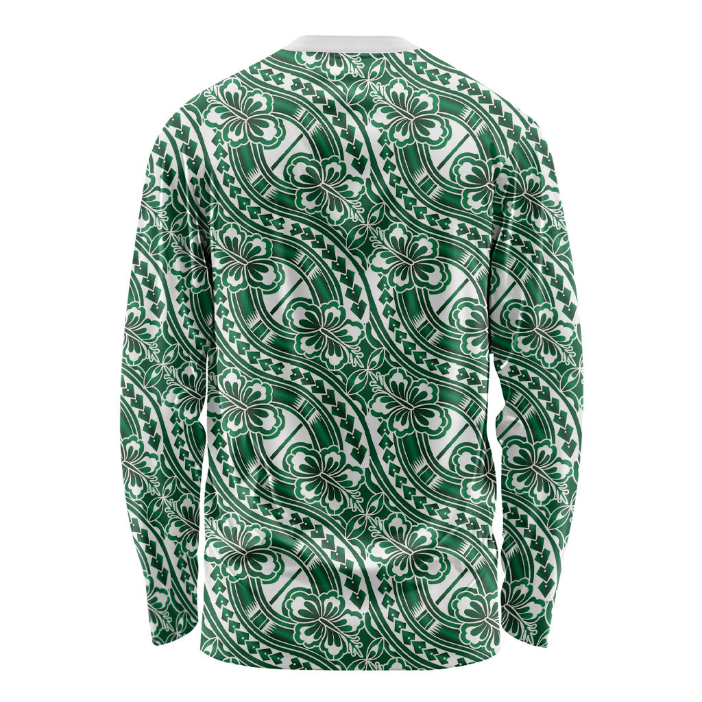 Hibiscus Bloom Island Tribal Waves Long Sleeve Shirt Green Polynesian Pattern