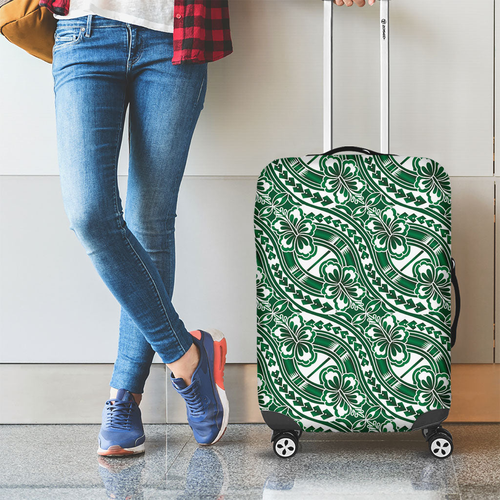 Hibiscus Bloom Island Tribal Waves Luggage Cover Green Polynesian Pattern