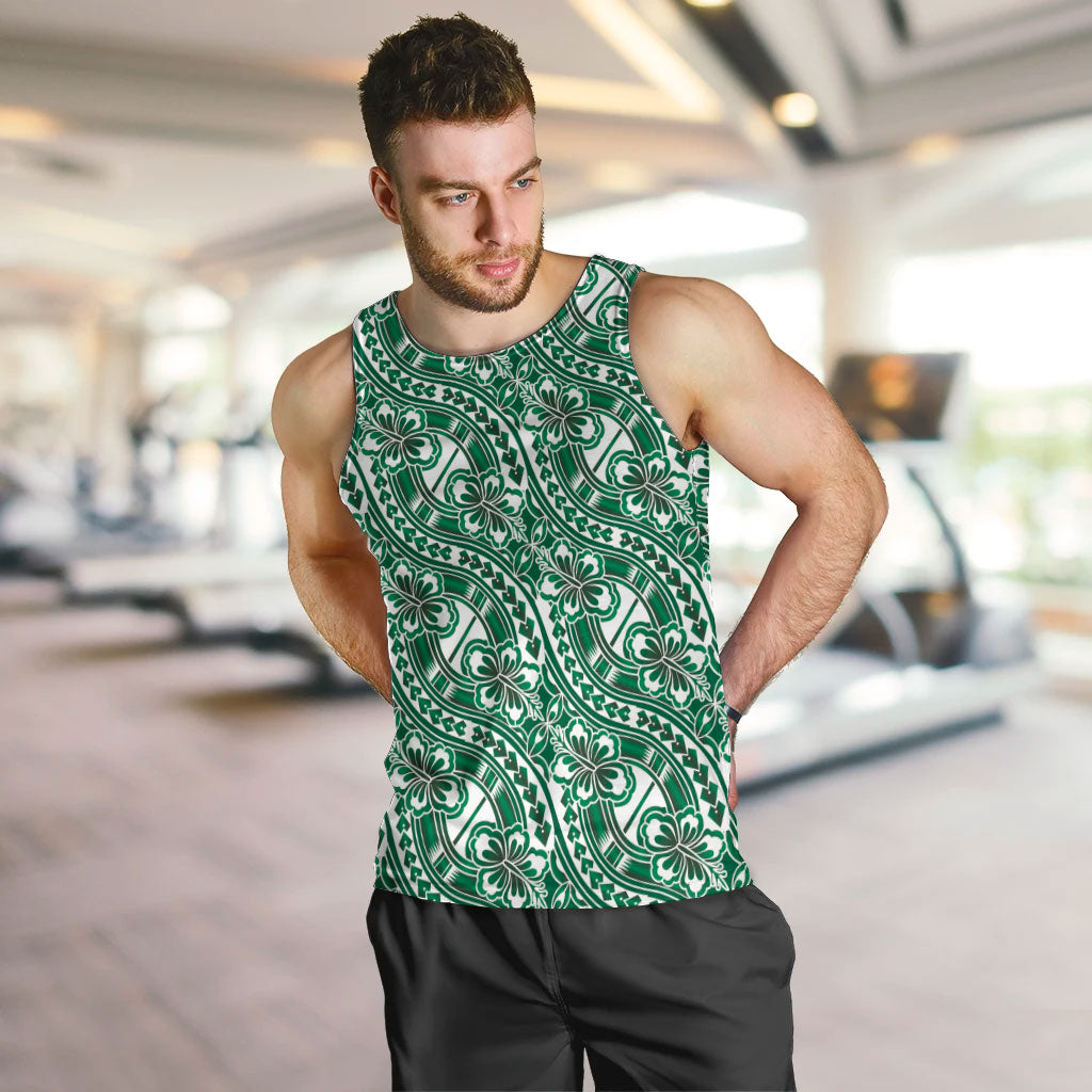 Hibiscus Bloom Island Tribal Waves Men Tank Top Green Polynesian Pattern
