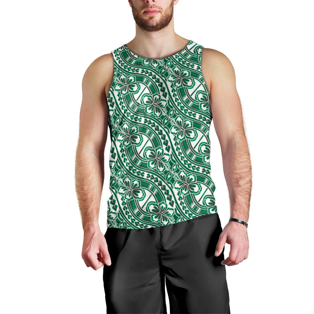 Hibiscus Bloom Island Tribal Waves Men Tank Top Green Polynesian Pattern