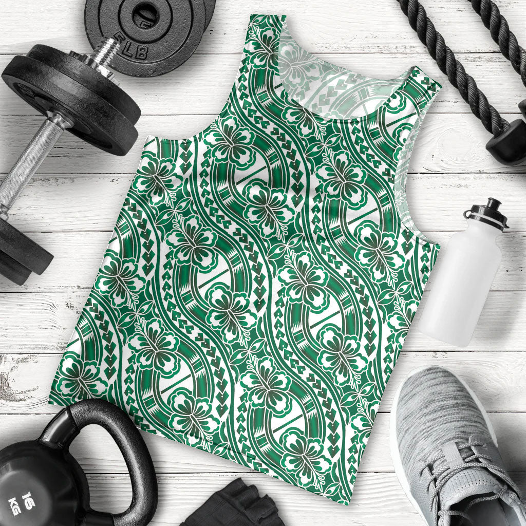 Hibiscus Bloom Island Tribal Waves Men Tank Top Green Polynesian Pattern