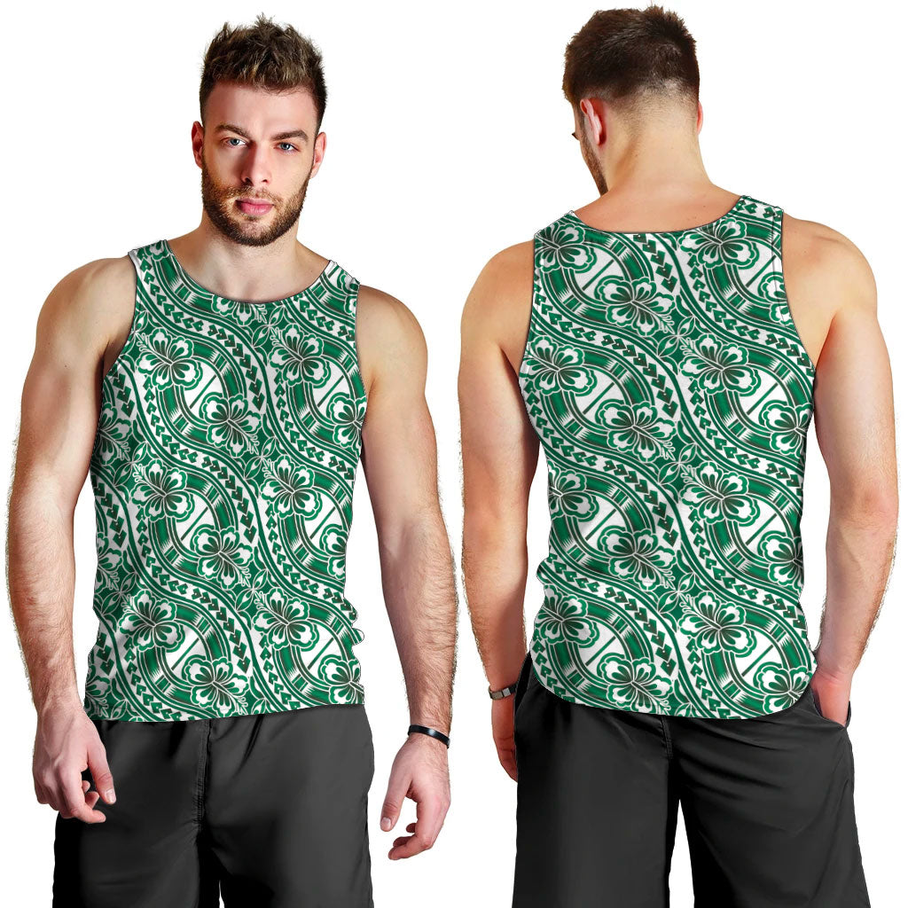 Hibiscus Bloom Island Tribal Waves Men Tank Top Green Polynesian Pattern