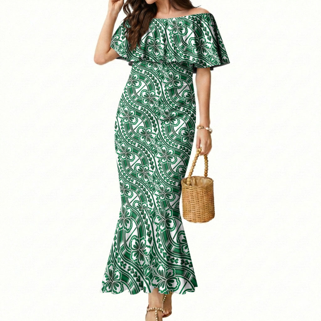 Hibiscus Bloom Island Tribal Waves Mermaid Dress Green Polynesian Pattern