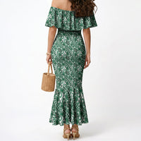 Hibiscus Bloom Island Tribal Waves Mermaid Dress Green Polynesian Pattern