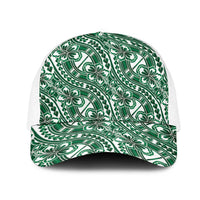 Hibiscus Bloom Island Tribal Waves Mesh Trucker Cap Green Polynesian Pattern