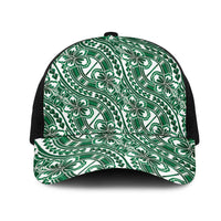 Hibiscus Bloom Island Tribal Waves Mesh Trucker Cap Green Polynesian Pattern