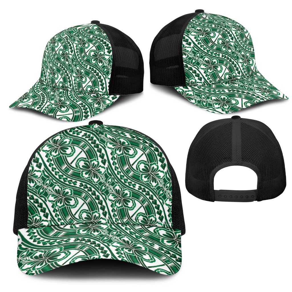 Hibiscus Bloom Island Tribal Waves Mesh Trucker Cap Green Polynesian Pattern