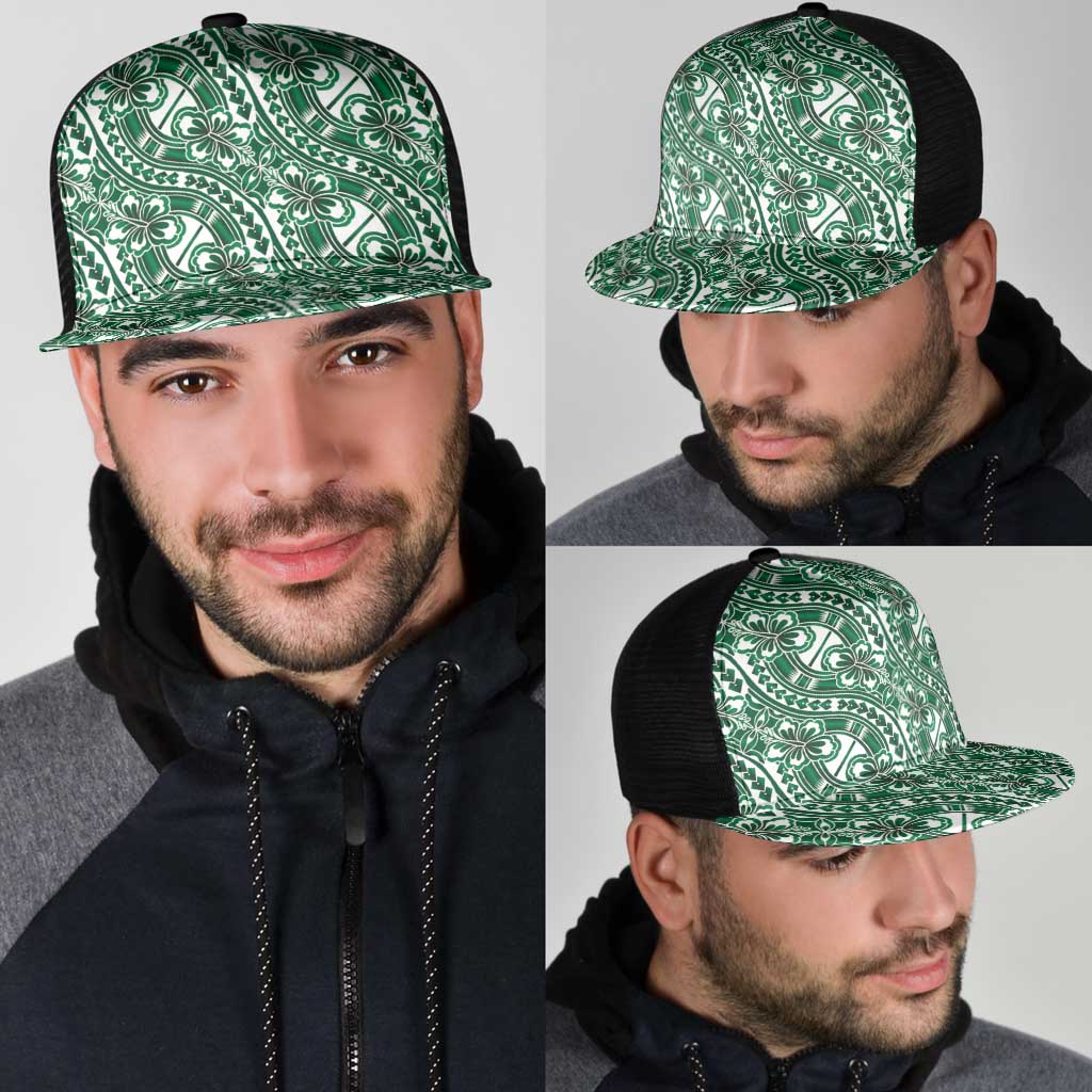Hibiscus Bloom Island Tribal Waves Mesh Trucker Cap Green Polynesian Pattern