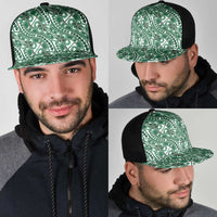 Hibiscus Bloom Island Tribal Waves Mesh Trucker Cap Green Polynesian Pattern
