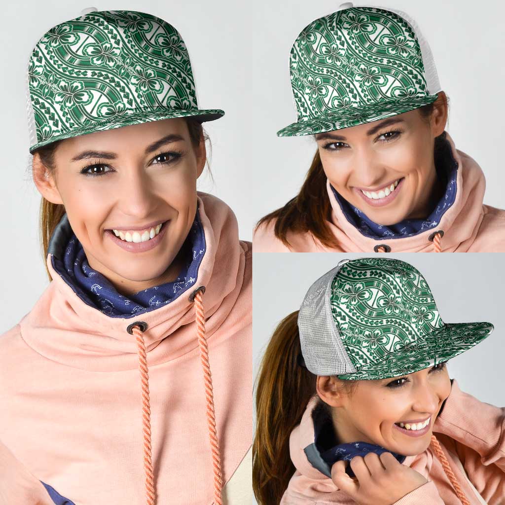 Hibiscus Bloom Island Tribal Waves Mesh Trucker Cap Green Polynesian Pattern