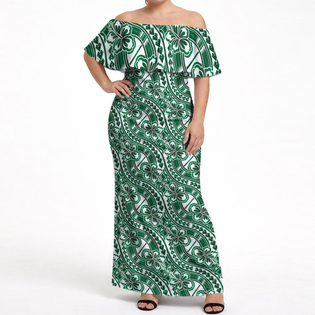 Hibiscus Bloom Island Tribal Waves Off Shoulder Maxi Dress Green Polynesian Pattern LT01 Women Green - Polynesian Pride