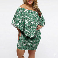 Hibiscus Bloom Island Tribal Waves Off Shoulder Short Dress Green Polynesian Pattern