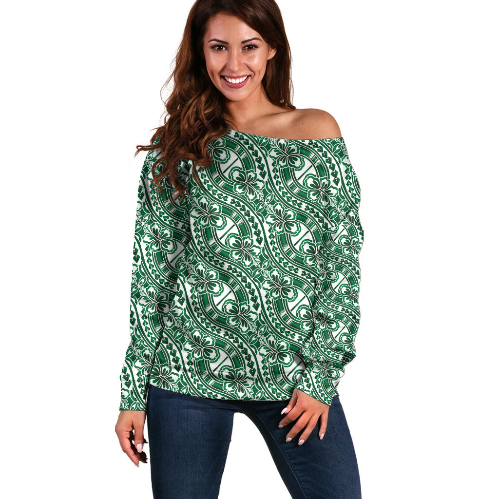 Hibiscus Bloom Island Tribal Waves Off Shoulder Sweater Green Polynesian Pattern