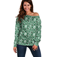 Hibiscus Bloom Island Tribal Waves Off Shoulder Sweater Green Polynesian Pattern