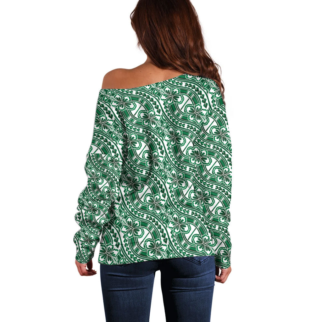 Hibiscus Bloom Island Tribal Waves Off Shoulder Sweater Green Polynesian Pattern