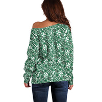 Hibiscus Bloom Island Tribal Waves Off Shoulder Sweater Green Polynesian Pattern
