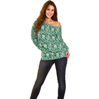 Hibiscus Bloom Island Tribal Waves Off Shoulder Sweater Green Polynesian Pattern