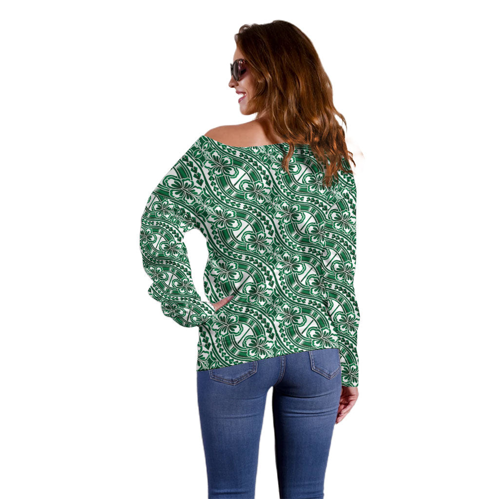 Hibiscus Bloom Island Tribal Waves Off Shoulder Sweater Green Polynesian Pattern