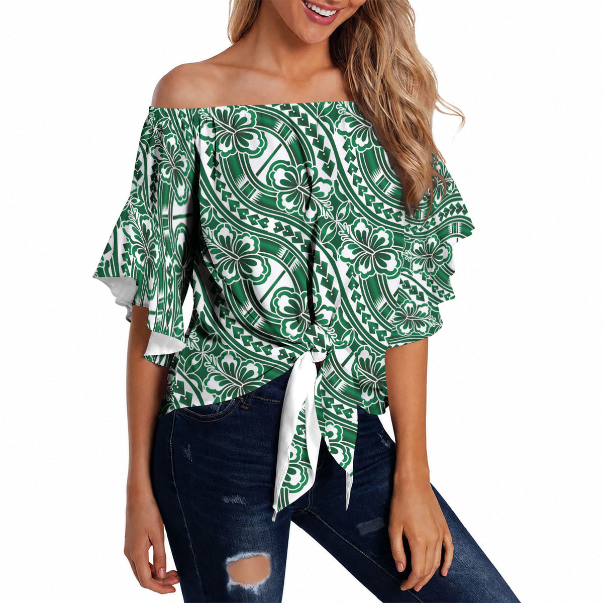 Hibiscus Bloom Island Tribal Waves Off Shoulder Wrap Waist Top Green Polynesian Pattern