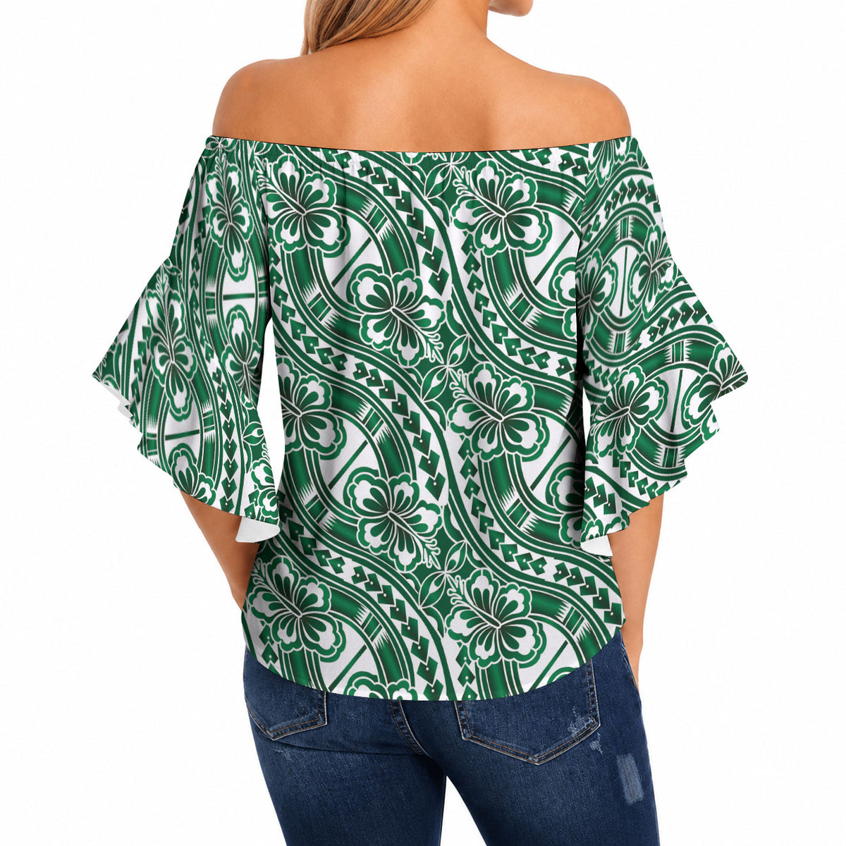Hibiscus Bloom Island Tribal Waves Off Shoulder Wrap Waist Top Green Polynesian Pattern