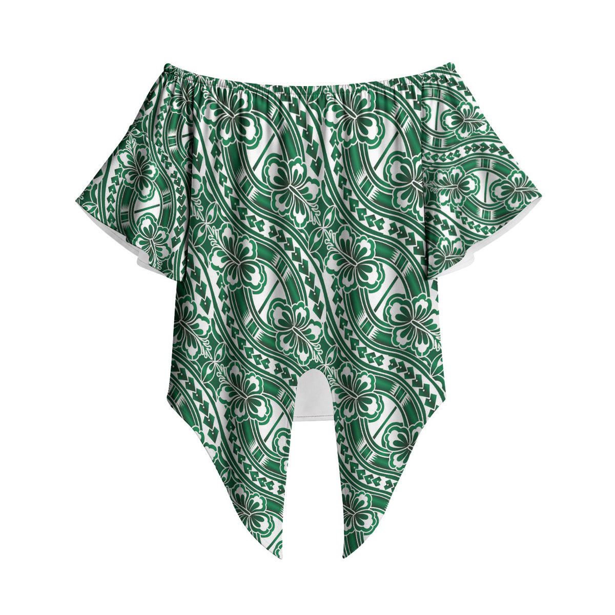 Hibiscus Bloom Island Tribal Waves Off Shoulder Wrap Waist Top Green Polynesian Pattern