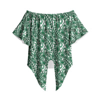 Hibiscus Bloom Island Tribal Waves Off Shoulder Wrap Waist Top Green Polynesian Pattern