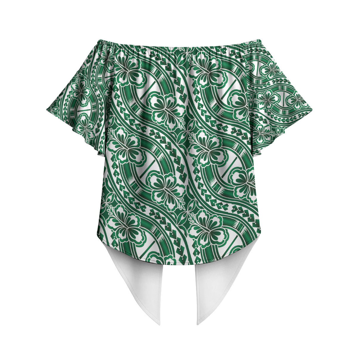 Hibiscus Bloom Island Tribal Waves Off Shoulder Wrap Waist Top Green Polynesian Pattern