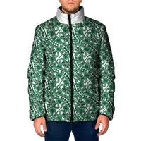 Hibiscus Bloom Island Tribal Waves Padded Jacket Green Polynesian Pattern