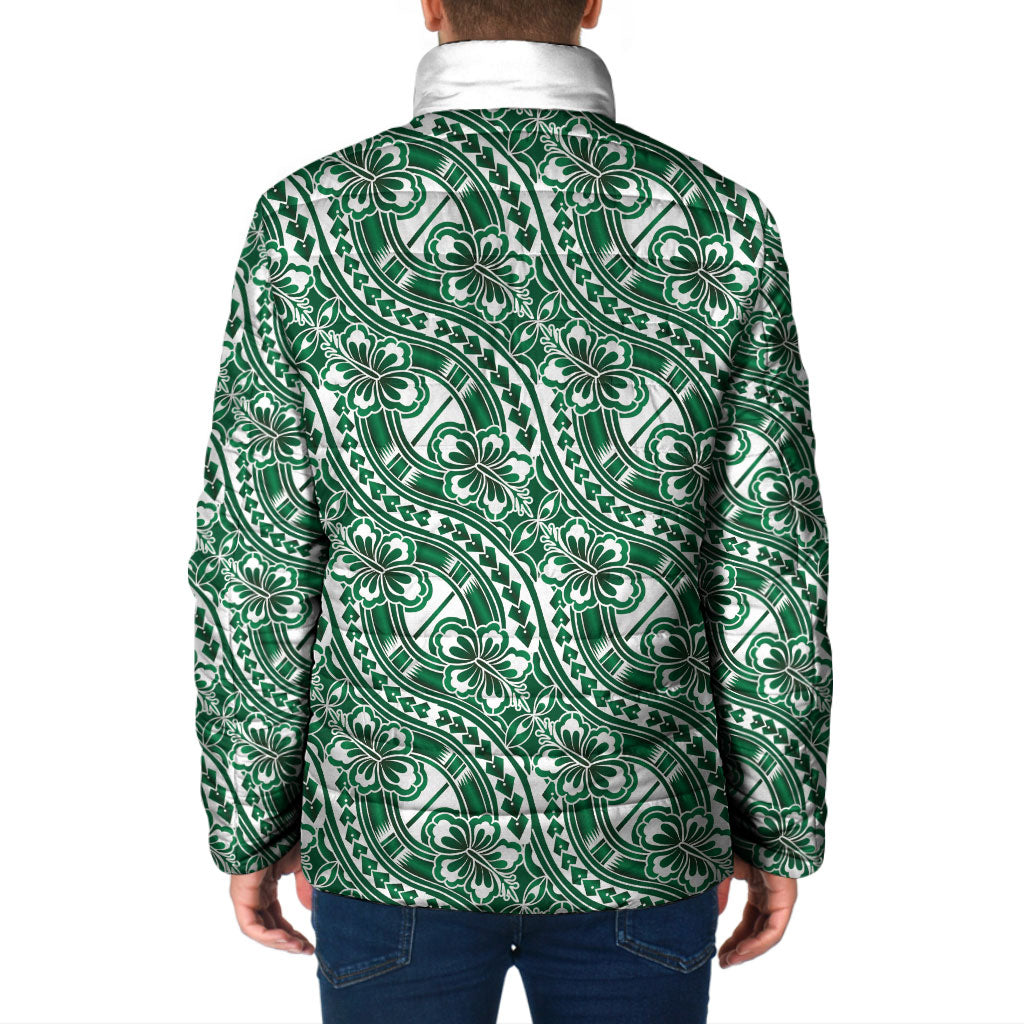 Hibiscus Bloom Island Tribal Waves Padded Jacket Green Polynesian Pattern