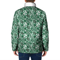 Hibiscus Bloom Island Tribal Waves Padded Jacket Green Polynesian Pattern