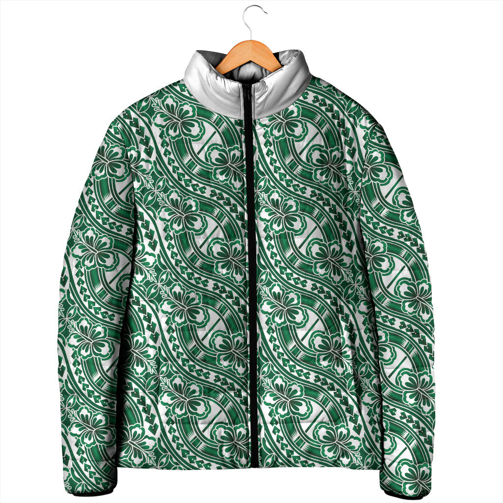 Hibiscus Bloom Island Tribal Waves Padded Jacket Green Polynesian Pattern