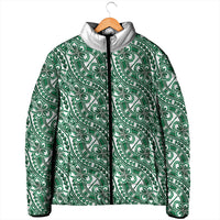 Hibiscus Bloom Island Tribal Waves Padded Jacket Green Polynesian Pattern