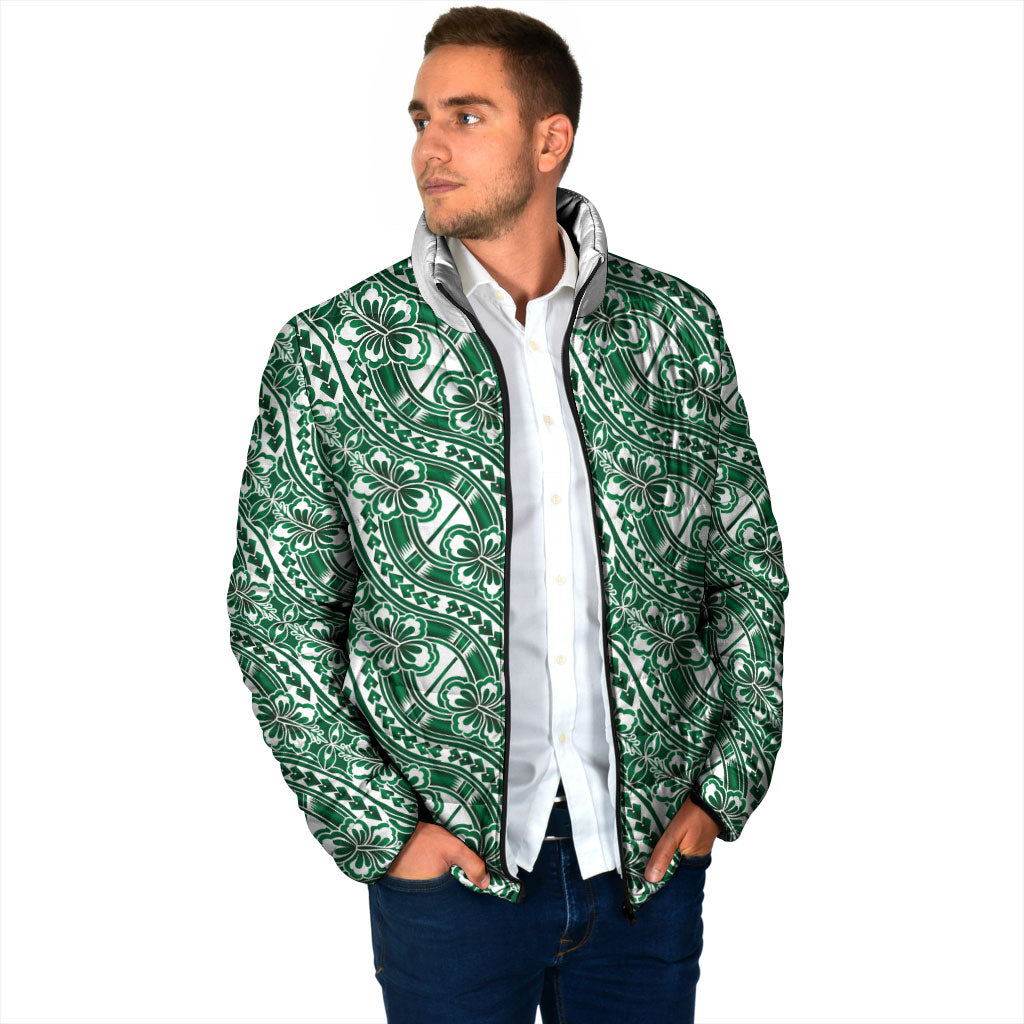 Hibiscus Bloom Island Tribal Waves Padded Jacket Green Polynesian Pattern