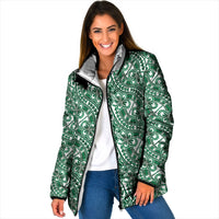 Hibiscus Bloom Island Tribal Waves Padded Jacket Green Polynesian Pattern