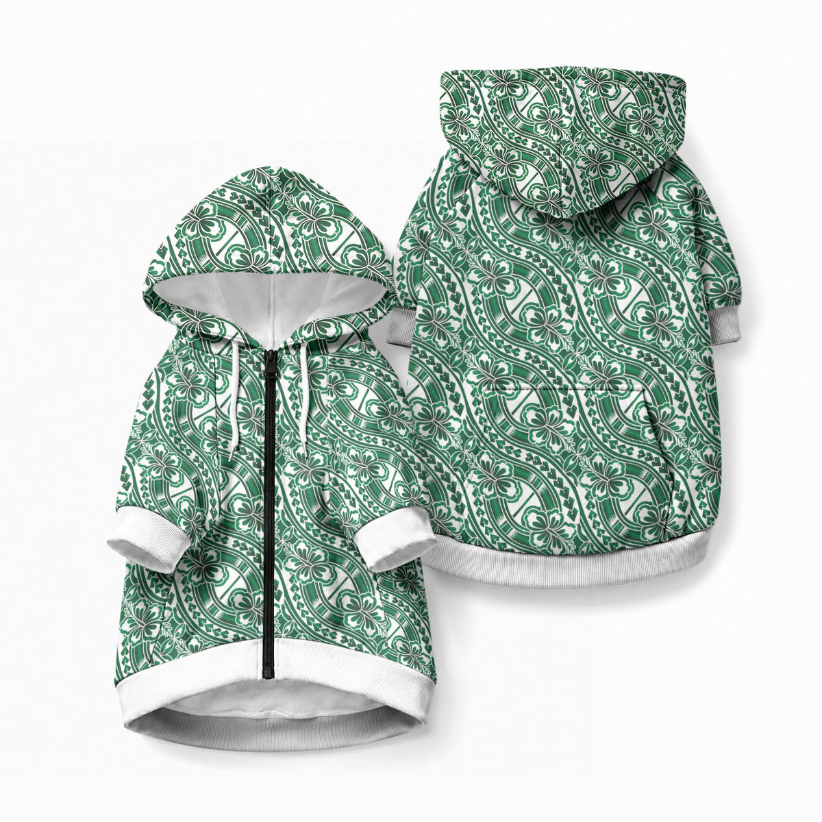 Hibiscus Bloom Island Tribal Waves Pet Hoodie Green Polynesian Pattern