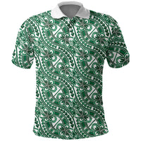 Hibiscus Bloom Island Tribal Waves Polo Shirt Green Polynesian Pattern