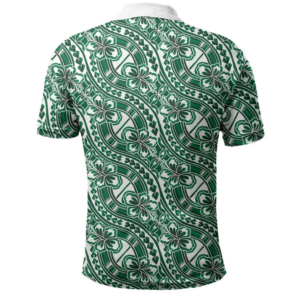 Hibiscus Bloom Island Tribal Waves Polo Shirt Green Polynesian Pattern