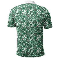 Hibiscus Bloom Island Tribal Waves Polo Shirt Green Polynesian Pattern