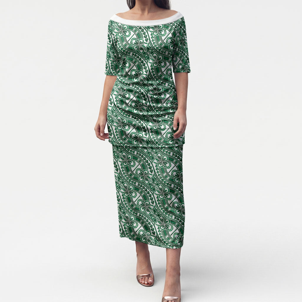 Hibiscus Bloom Island Tribal Waves Puletasi Green Polynesian Pattern