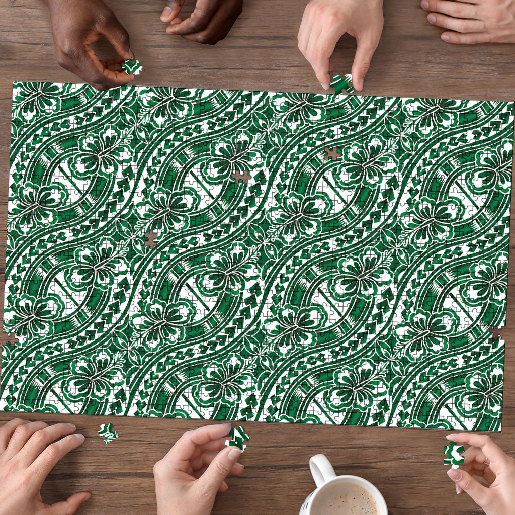 Hibiscus Bloom Island Tribal Waves Puzzle Green Polynesian Pattern