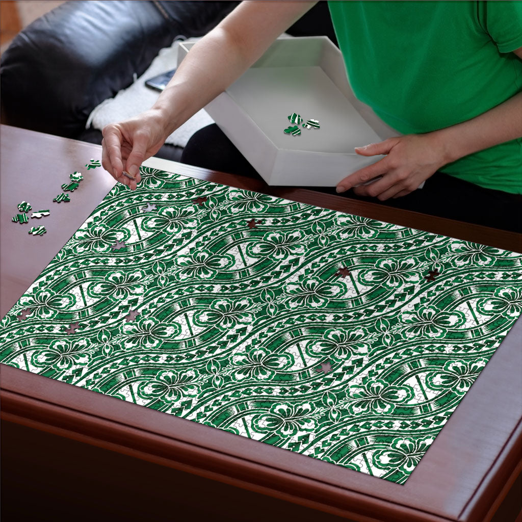 Hibiscus Bloom Island Tribal Waves Puzzle Green Polynesian Pattern