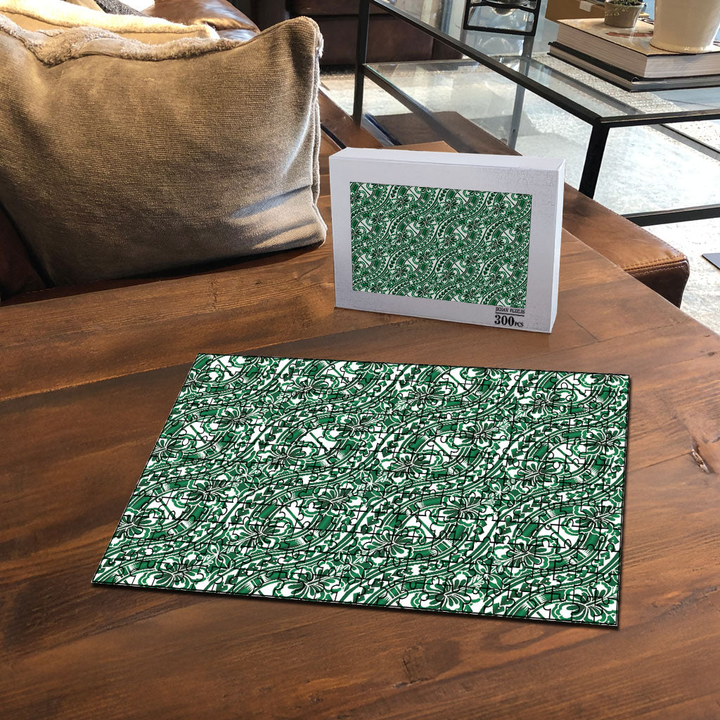 Hibiscus Bloom Island Tribal Waves Puzzle Green Polynesian Pattern