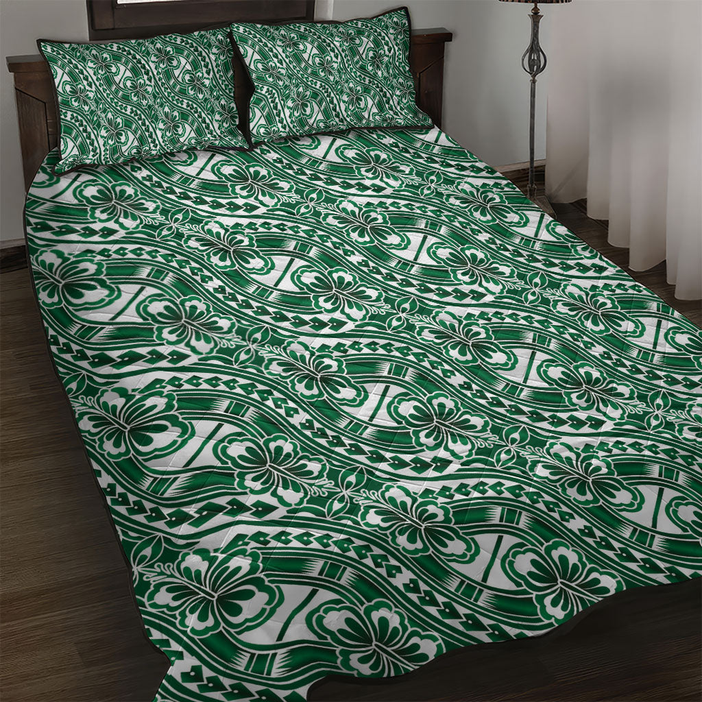 Hibiscus Bloom Island Tribal Waves Quilt Bed Set Green Polynesian Pattern