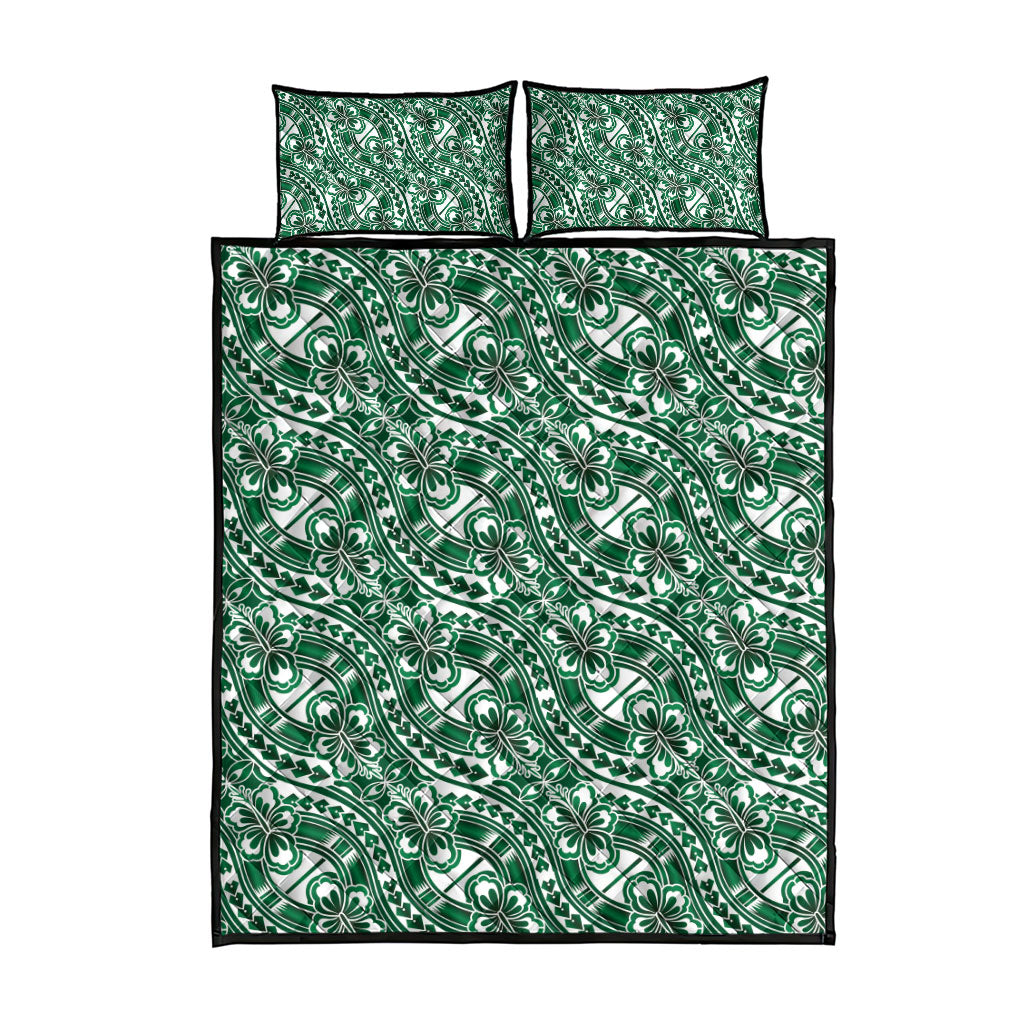 Hibiscus Bloom Island Tribal Waves Quilt Bed Set Green Polynesian Pattern