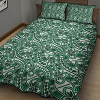 Hibiscus Bloom Island Tribal Waves Quilt Bed Set Green Polynesian Pattern