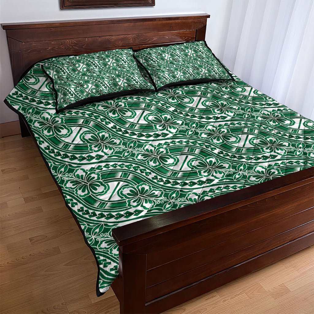 Hibiscus Bloom Island Tribal Waves Quilt Bed Set Green Polynesian Pattern